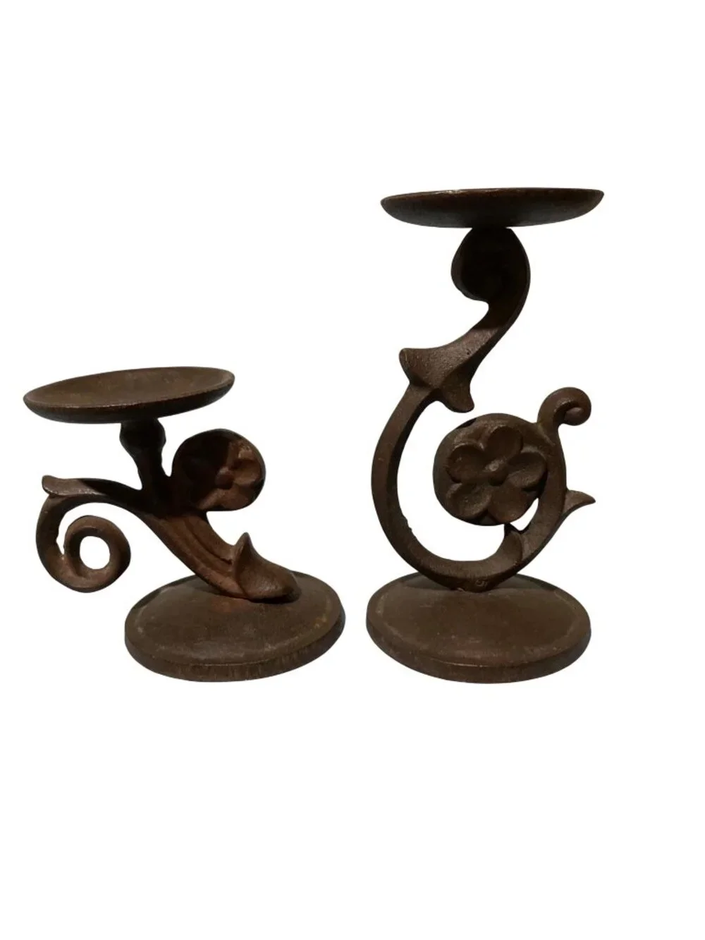 Old Rusty Cast Iron Floral Scroll Candle Holders Set Of 2